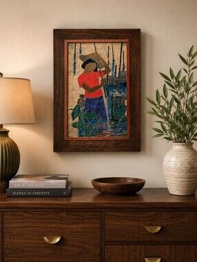 Vintage Penchum Enamel Painting Asian Modern Lotus River Wall Art MCM Zen Decor
